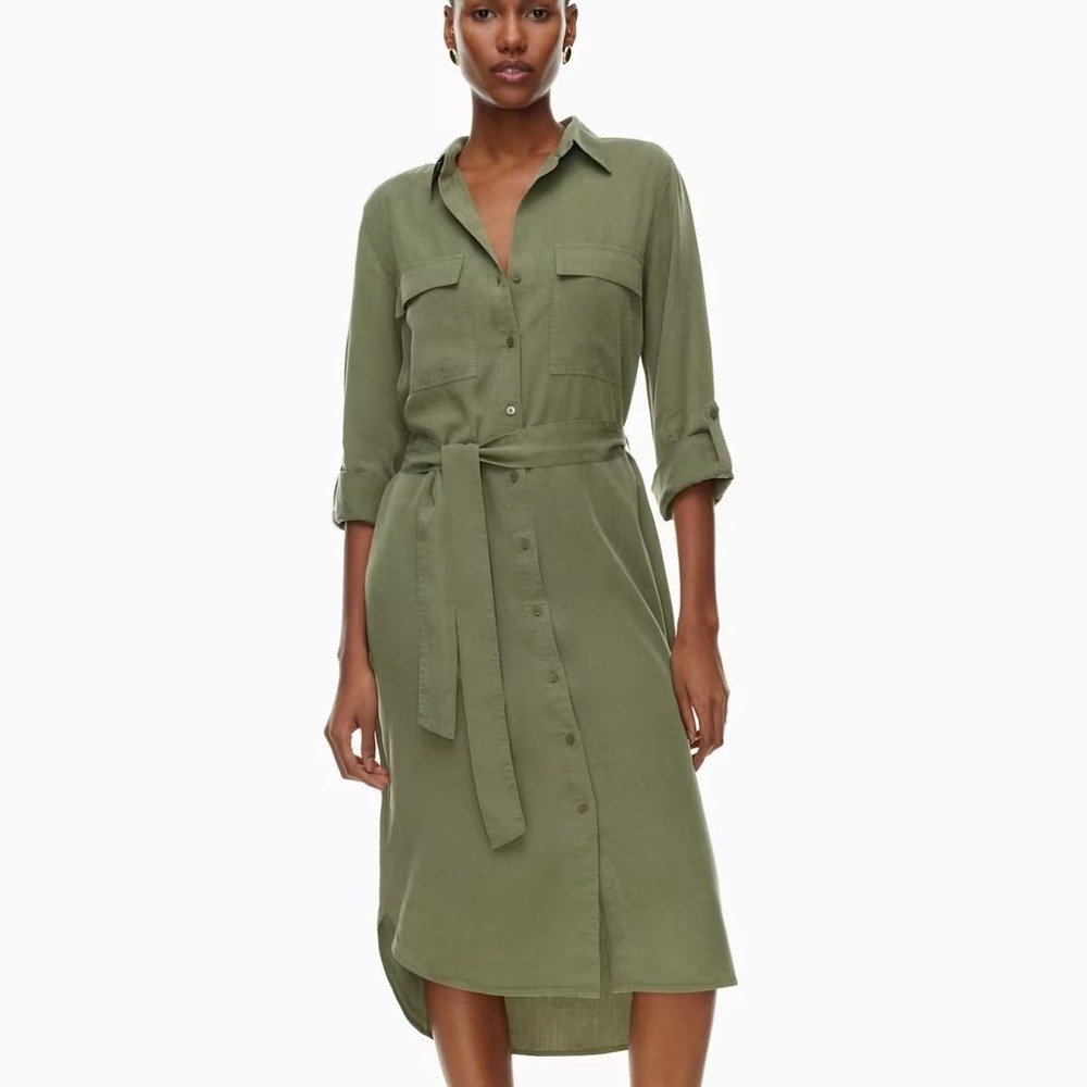 Babaton Aritzia Utility Dress Gd Army Green Tencel Lyocell Midi Shirt Dress 2XS